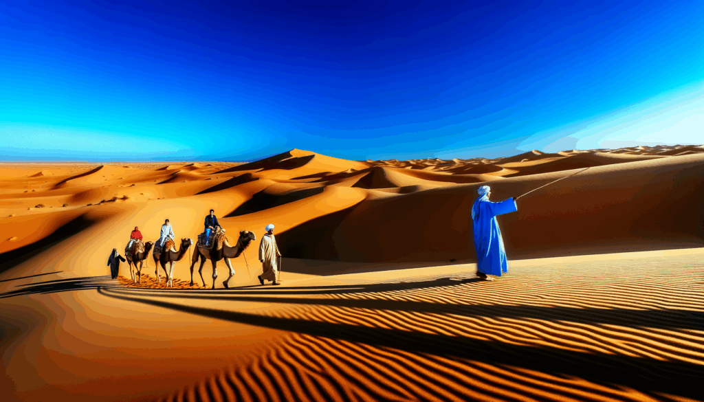 Erleben Sie die beeindruckende Landschaft der Erg Chebbi-Dünen beim Kamelreiten in der Sahara Marokkos. Entdecken Sie die kulturelle Bedeutung und unterstützen Sie die lokale Wirtschaft.