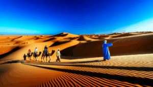 Erleben Sie die beeindruckende Landschaft der Erg Chebbi-Dünen beim Kamelreiten in der Sahara Marokkos. Entdecken Sie die kulturelle Bedeutung und unterstützen Sie die lokale Wirtschaft.