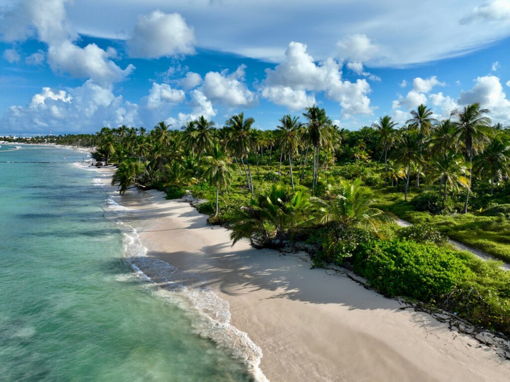 Menschenleerer Palmenstrand mit türkisem Wasser bei Punta Cana in der Dominikanischen Republik